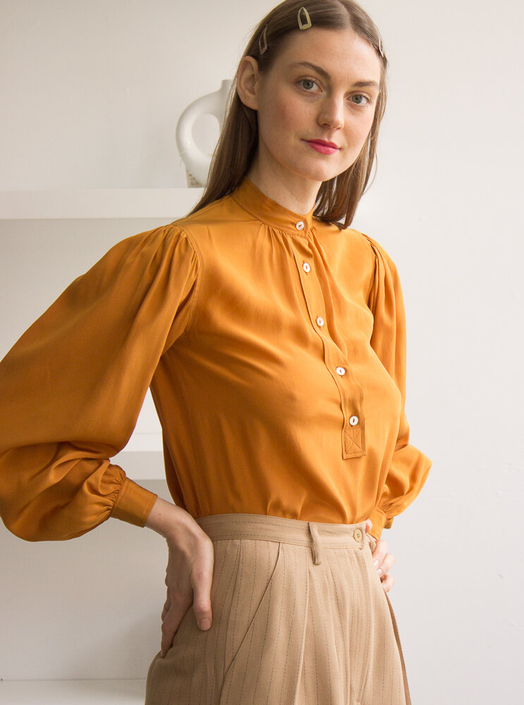 1970s Yves Saint Laurent Marigold Silk Balloon Sleeve Blouse